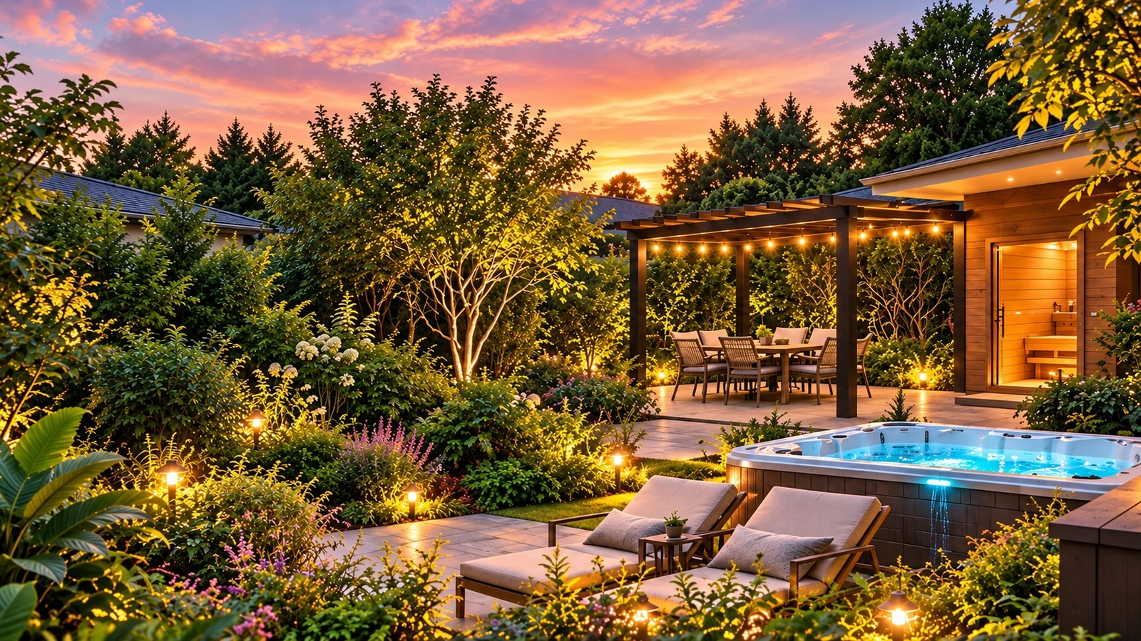 The planned Escape Addictions garden retreat in warm evening light