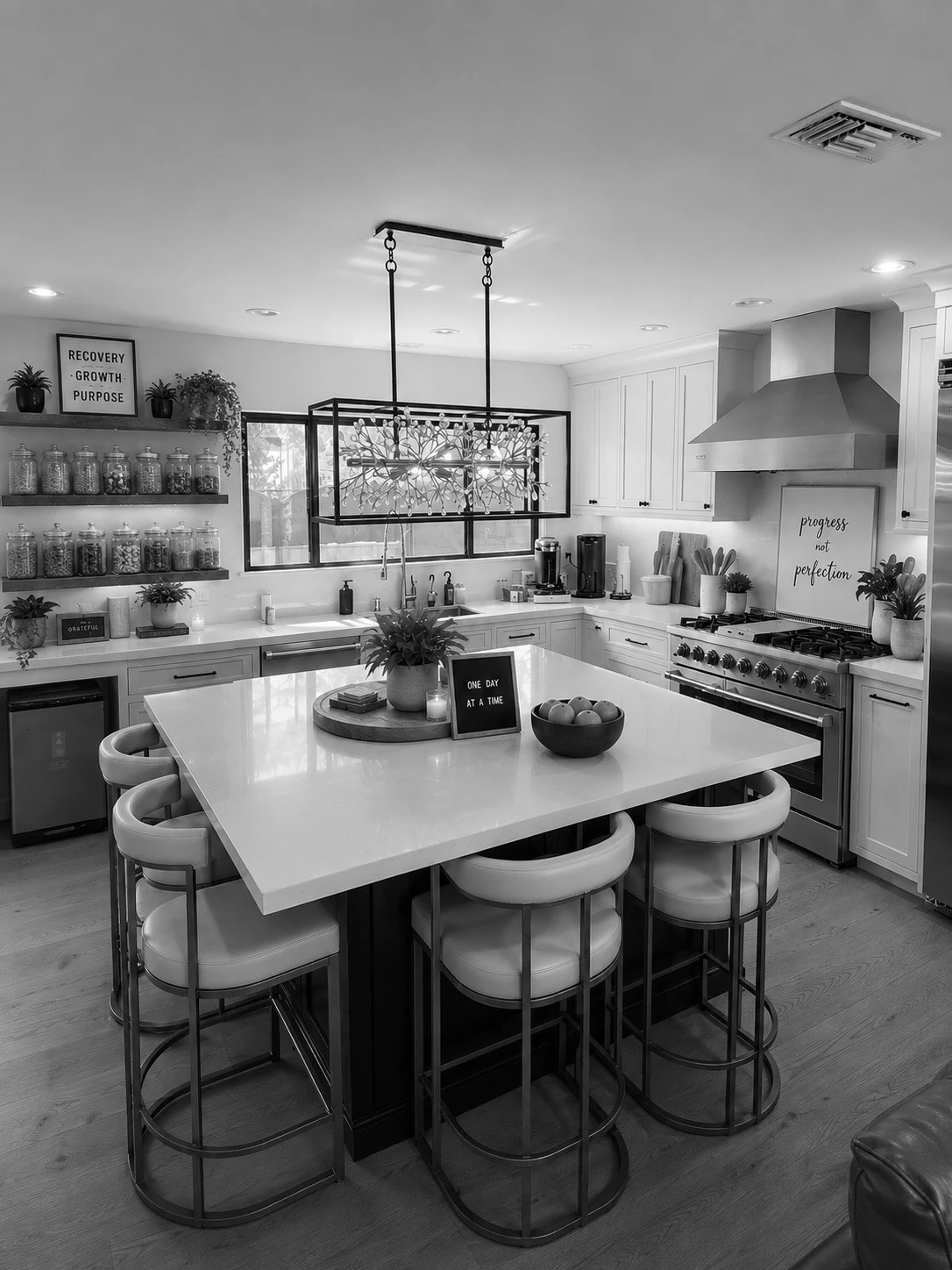 The finished kitchen with an island and chairs