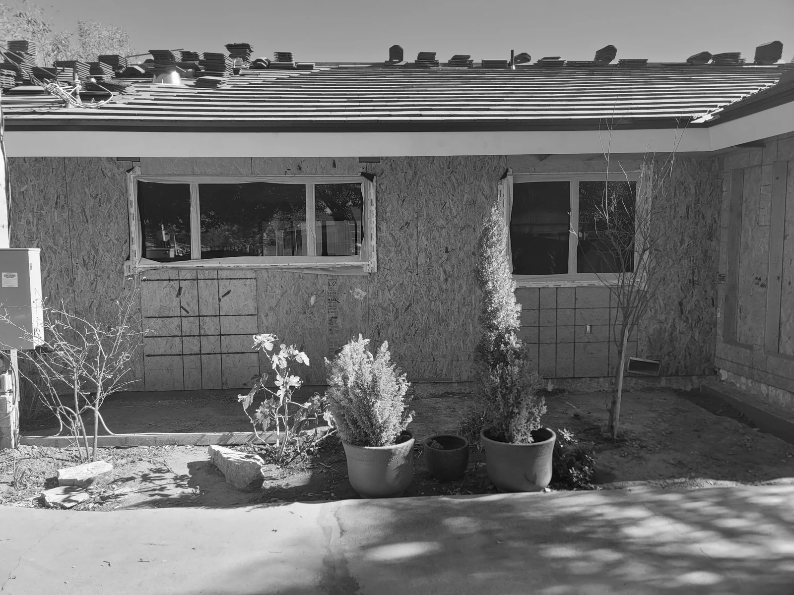 Exterior walls and roof during the rebuilding of the house