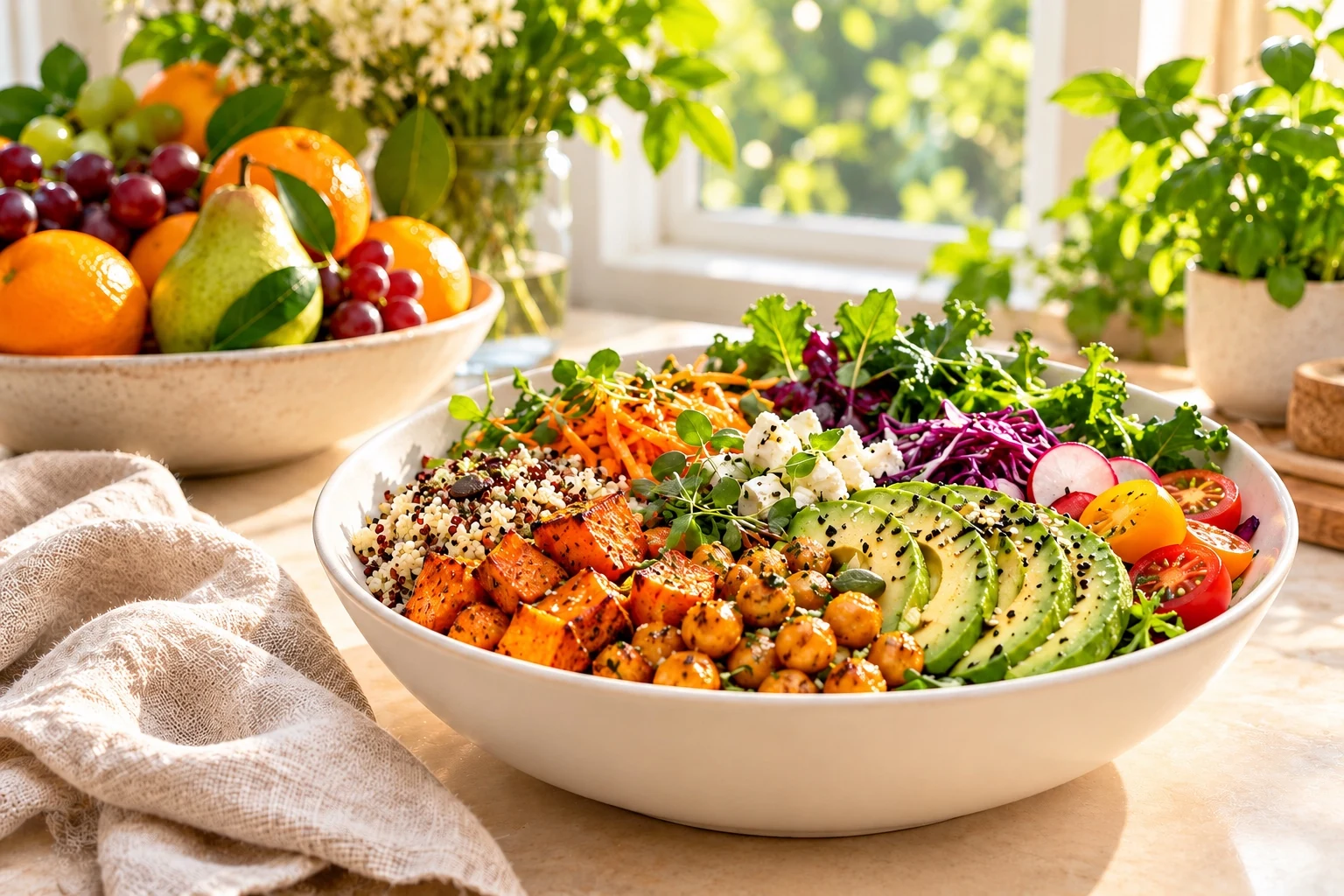 A vibrant nourishing meal with fresh vegetables, grains and fruit — illustrative image