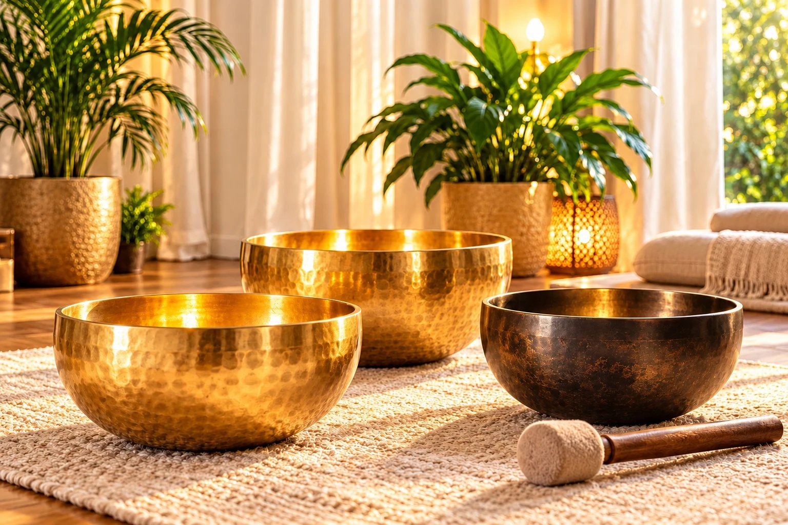 Golden singing bowls in a warmly lit meditation room — illustrative image