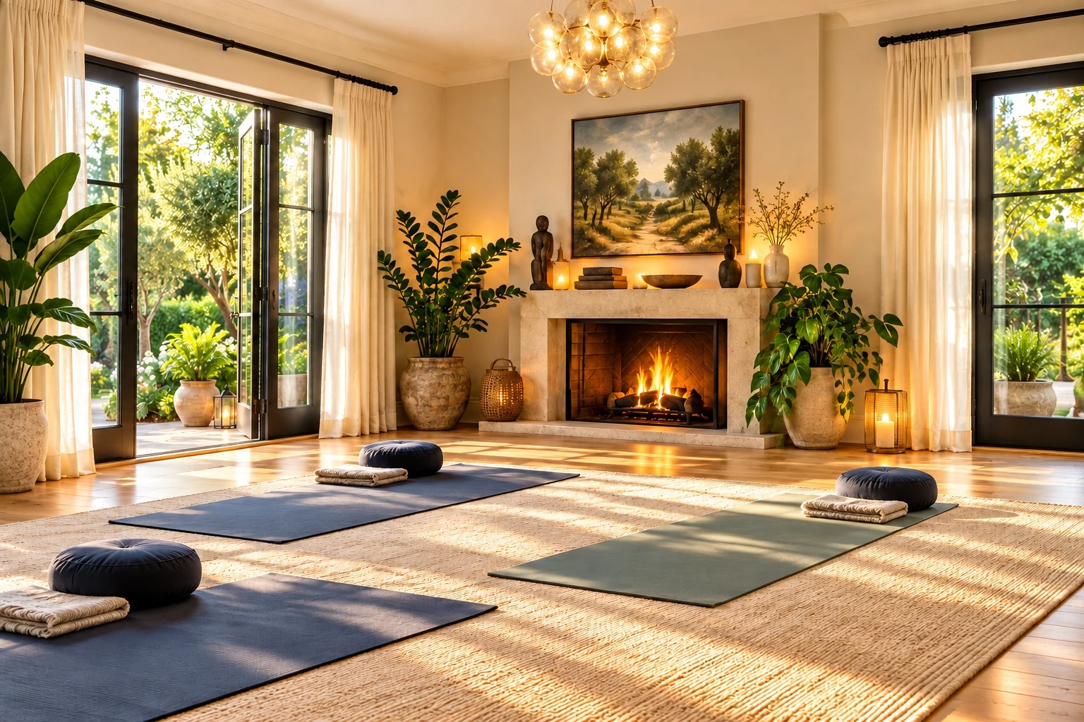 Yoga mats and meditation cushions in a sunlit residential studio — illustrative image